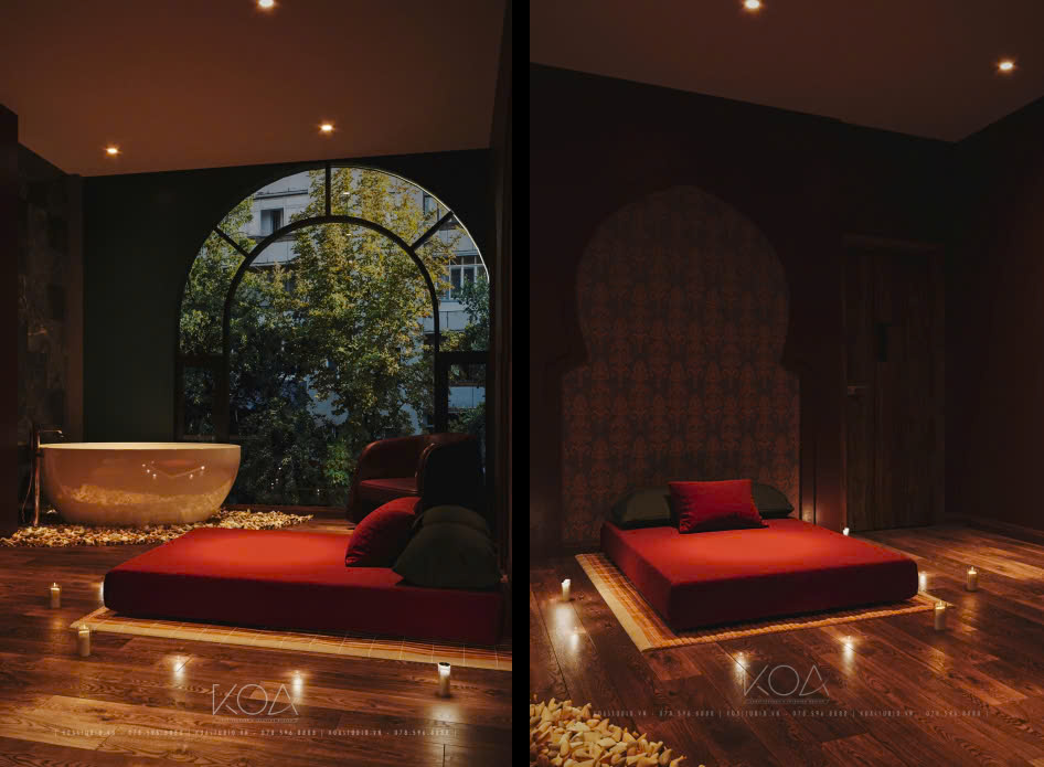 Không gian phòng massage trang trí đèn vàng và nội thất ấm cúng